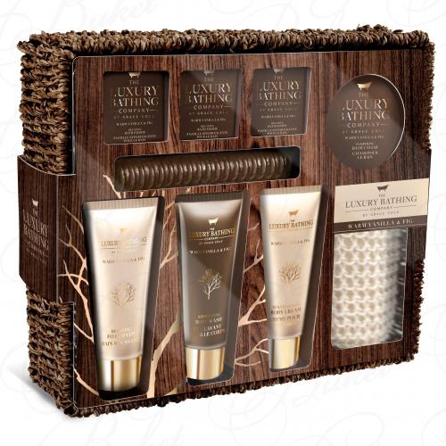 Набор подарочный Ultimate Relaxation (гель для душа 100ml+лосьон для тела 100ml+пена для ванны 100ml+икра для ванны 80g+бомбочка для ванны 3х25g+мочалка+массажер) с ароматом ванили и инжира